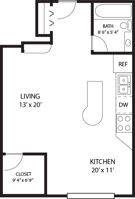 Floor plan for studio, 1 bath, 600 sqft